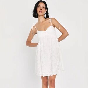 Lulus Angelic Admiration White Lace Tie-Shoulder Babydoll Mini Dress